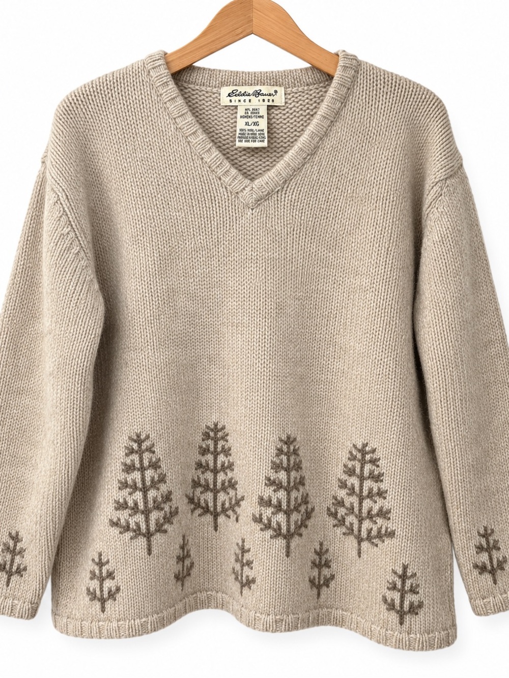 Eddie Bauer 100% Wool Embroidered Tree Sweater Women’s XL Oatmeal V-Neck